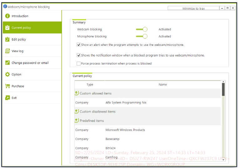 Policy setting window