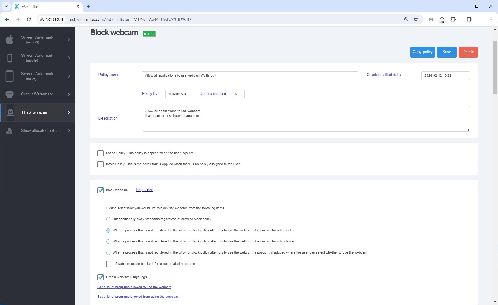 Webcam policy settings screen on policy server