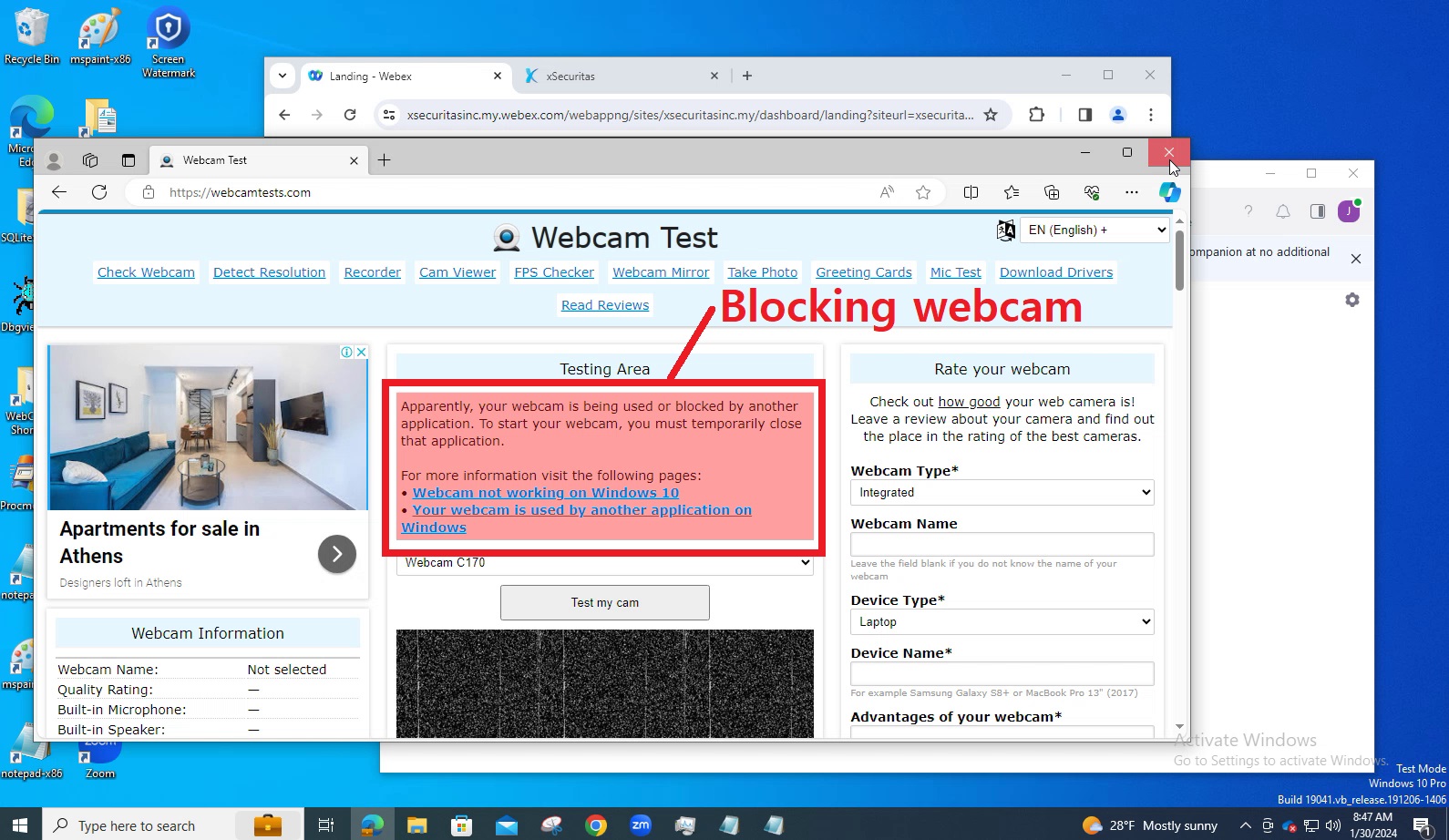 If webcam use is denied at the specified URL