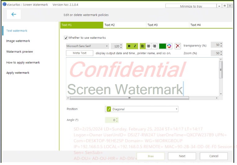 Policy settings window